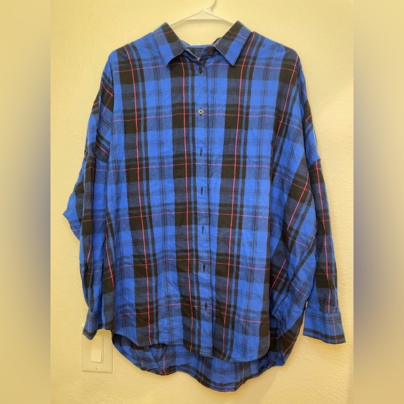 French Connection Tops - French Connection NWT Blue Plaid Flannel Long Sleeve Button Up Shirt Womens Sz M